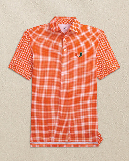 The front view of the Southern Tide Miami Hurricanes Driver Dunes Edge Plaid Polo by Southern Tide - Endzone Orange