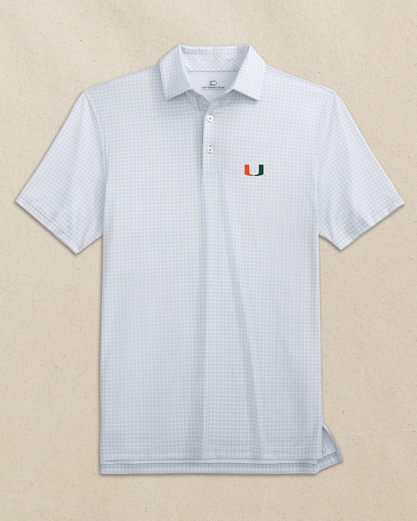 The front view of the Southern Tide Miami Hurricanes Driver Dunes Edge Plaid Polo by Southern Tide - Slate Grey