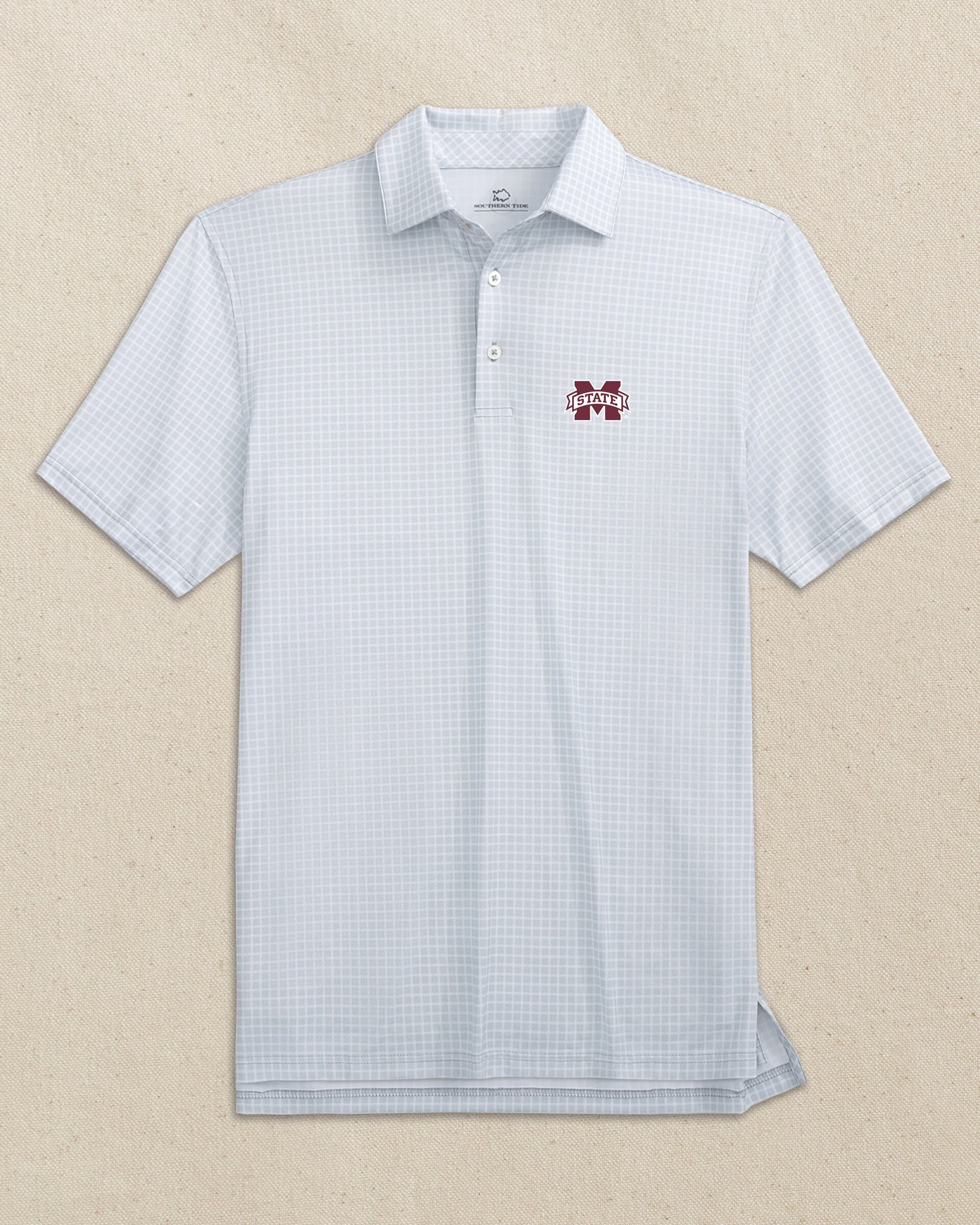 The front view of the Southern Tide Mississippi State Bulldogs Driver Dunes Edge Plaid Polo by Southern Tide - Slate Grey