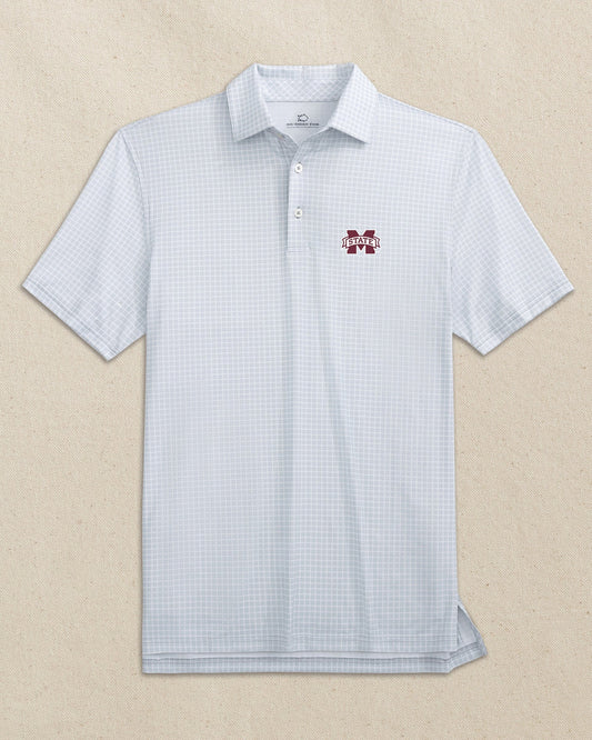The front view of the Southern Tide Mississippi State Bulldogs Driver Dunes Edge Plaid Polo by Southern Tide - Slate Grey