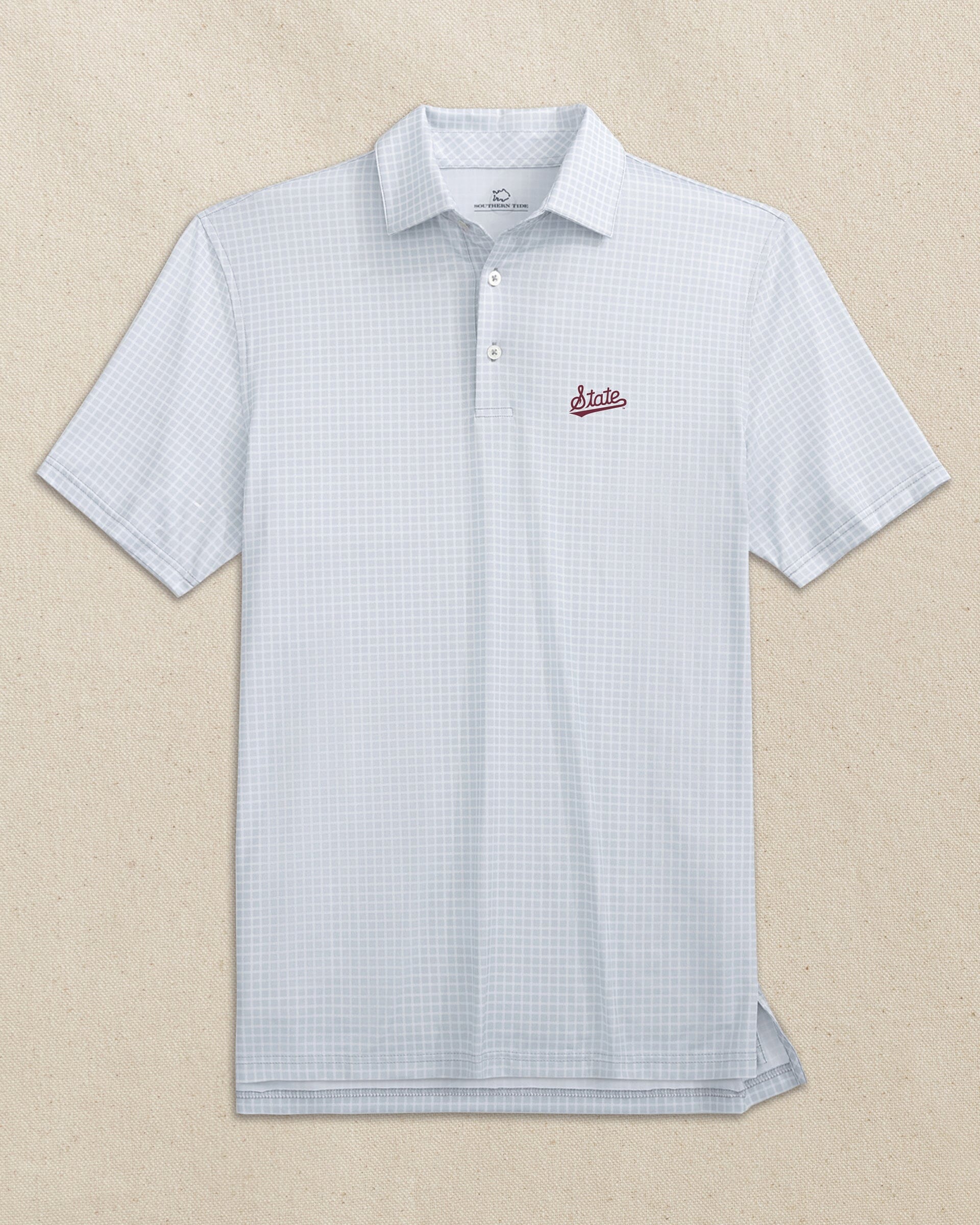 The front view of the Southern Tide Mississippi State Script Driver Dunes Edge Plaid Polo by Southern Tide - Slate Grey