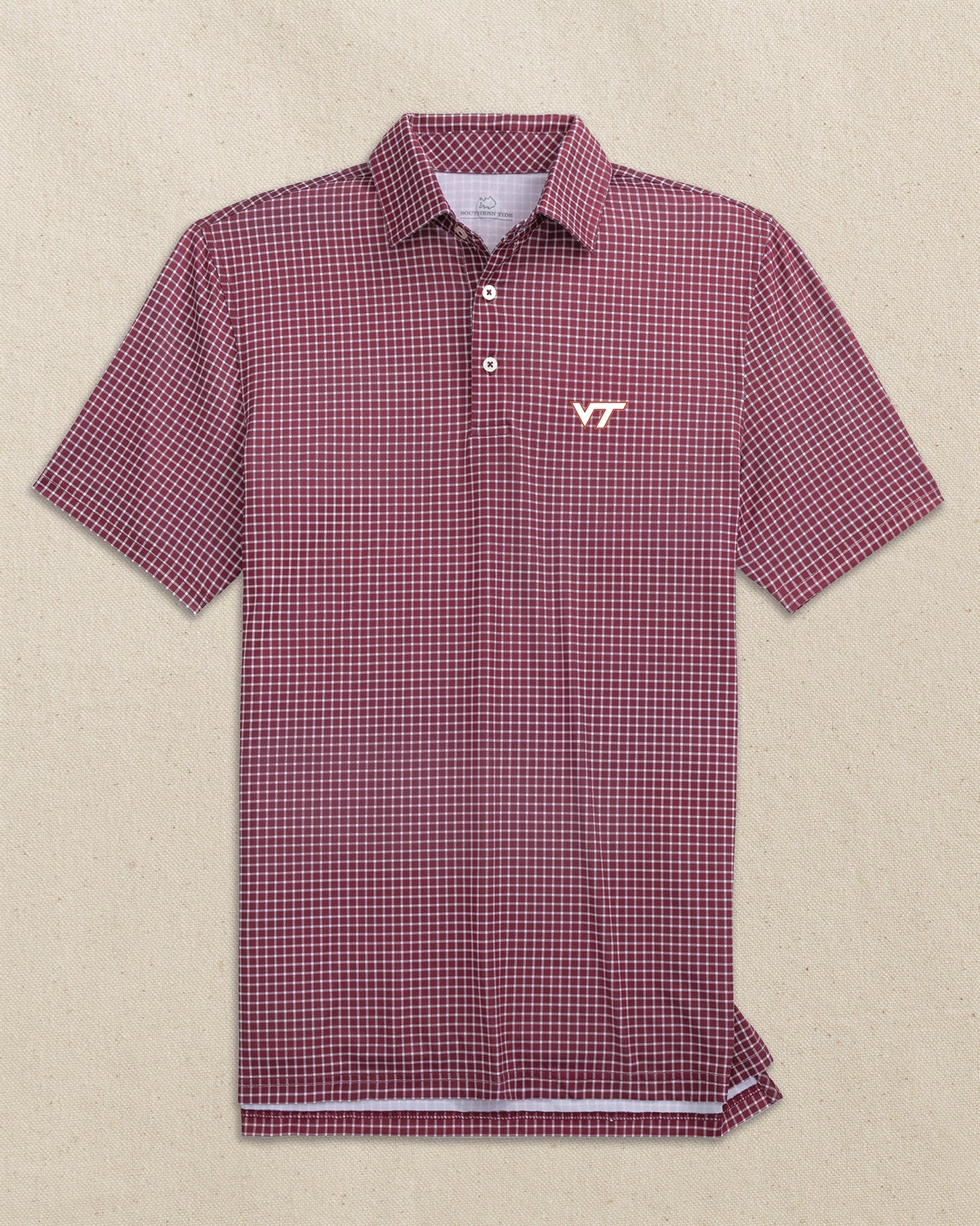 The front view of the Southern Tide Virginia Tech Hokies Driver Dunes Edge Plaid Polo by Southern Tide - Chianti