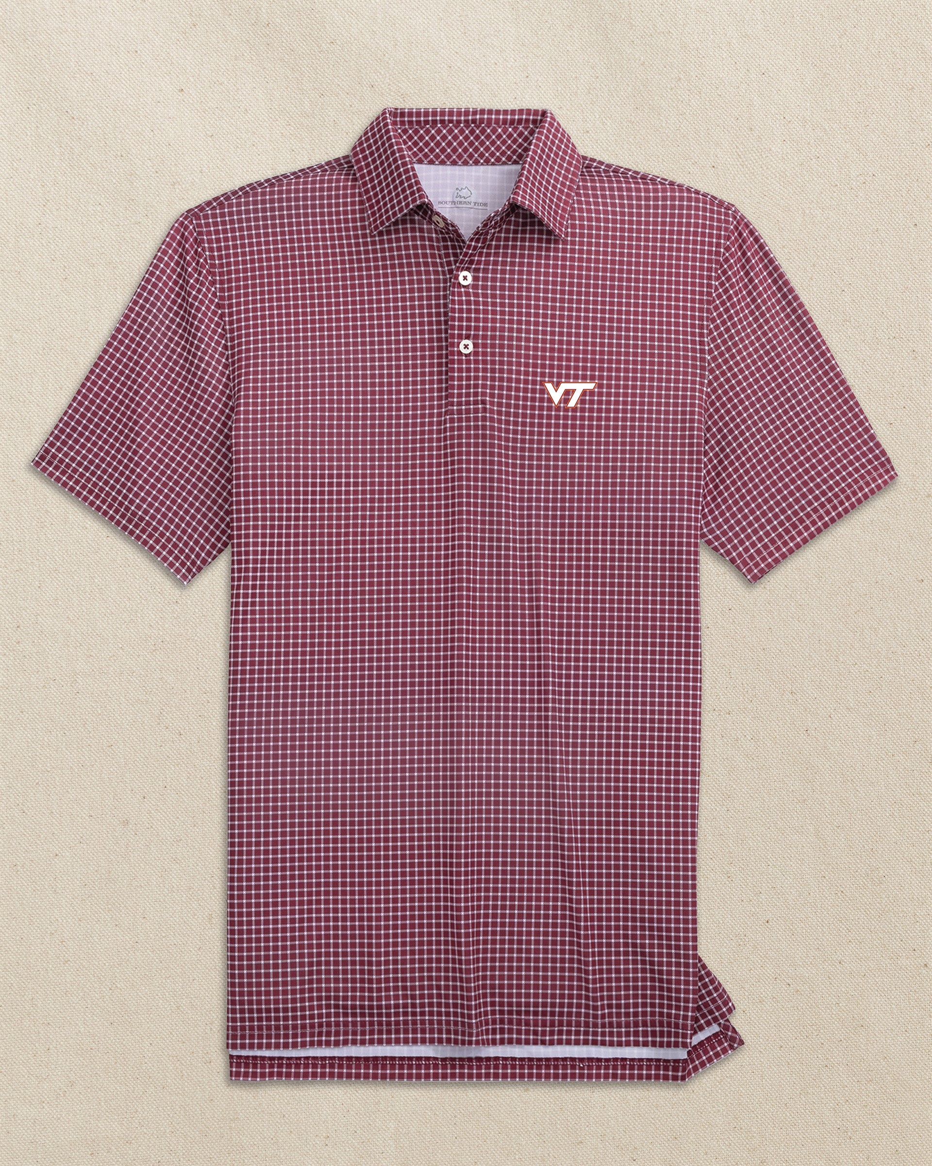 The front view of the Southern Tide Virginia Tech Hokies Driver Dunes Edge Plaid Polo by Southern Tide - Chianti