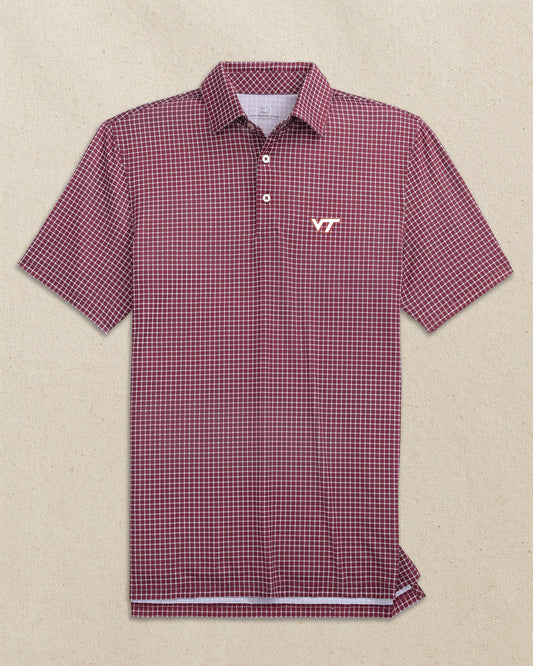 The front view of the Southern Tide Virginia Tech Hokies Driver Dunes Edge Plaid Polo by Southern Tide - Chianti